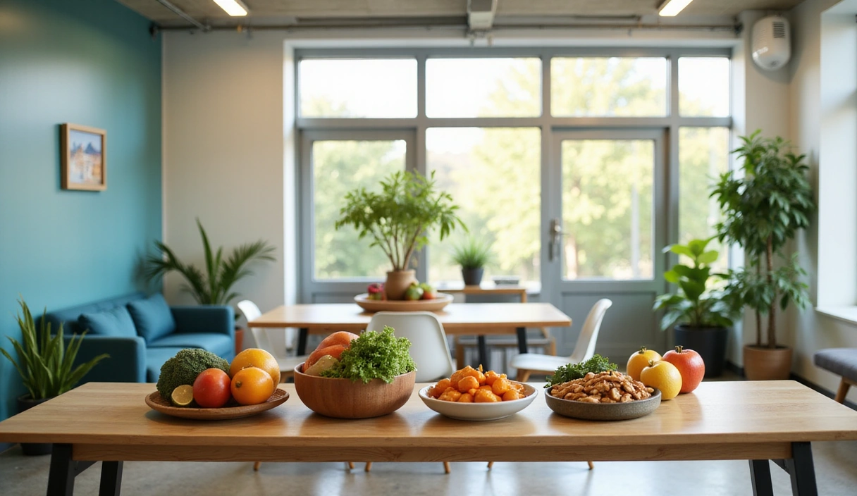 A vibrant, modern office space with healthy food items on a table, representing NutriLife Hub's welcoming environment